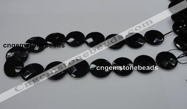 CAB320 15.5 inches 25mm faceted coin black agate gemstone beads