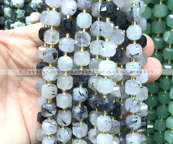 CCU1458 15 inches 8mm - 9mm faceted cube black rutilated quartz beads