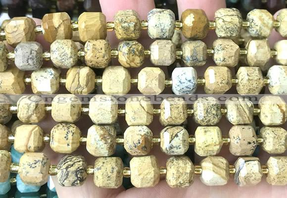 CCU1480 15 inches 8mm - 9mm faceted cube picture jasper beads