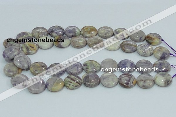 CFJ17 15.5 inches 18mm flat round natural purple flower stone beads