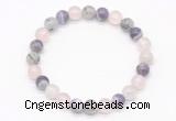 CGB8003 8mm black rutilated quartz, dogtooth amethyst & rose quartz beaded stretchy bracelets