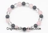 CGB8004 8mm black agate, white crystal & rose quartz beaded stretchy bracelets