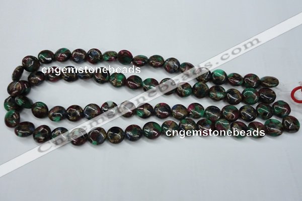 CGO33 15.5 inches 14mm flat round gold multi-color stone beads