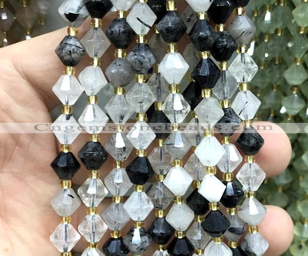 CME456 15 inches 8mm faceted bicone black rutilated quartz beads