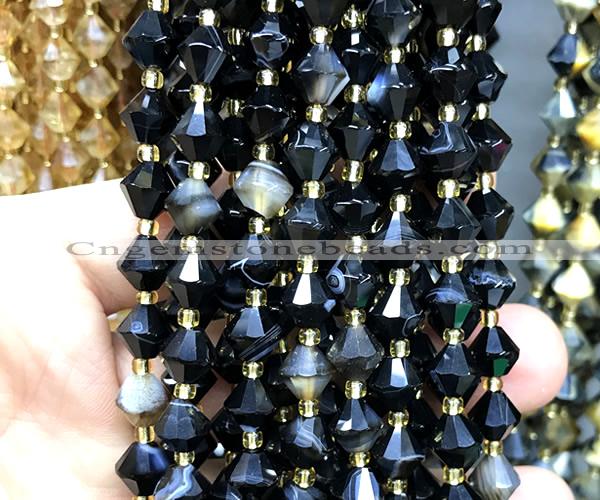 CME465 15 inches 8mm faceted bicone black banded agate beads