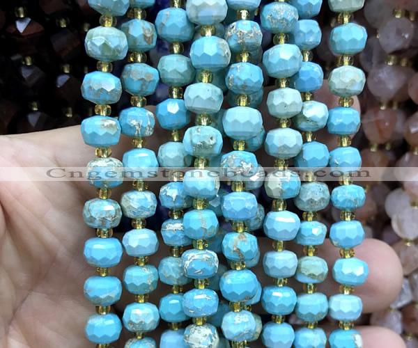 CRB6079 15 inches 6*8mm faceted rondelle gold vein turquoise beads