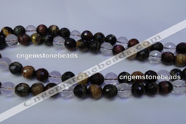 CTE1133 15 inches 10mm faceted round mixed tiger eye & white crystal beads