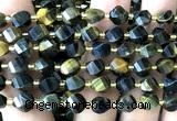 CTW568 8mm faceted & twisted S-shaped yellow & blue tiger eye beads