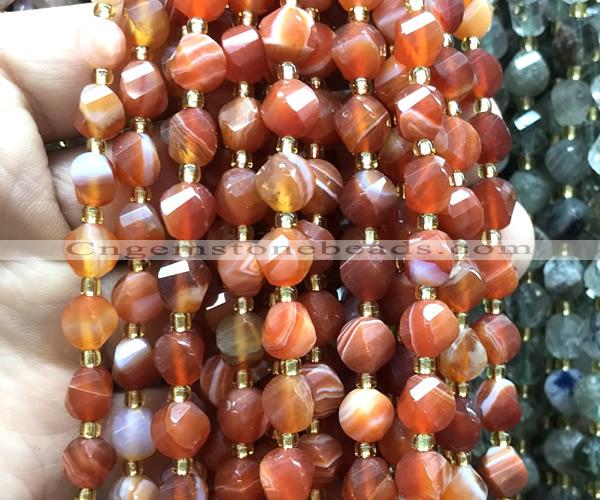 CTW582 8mm faceted & twisted S-shaped red banded agate beads