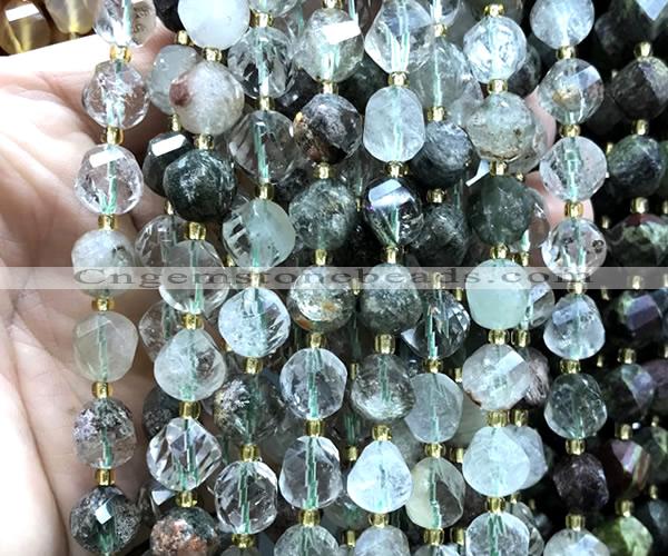 CTW658 10mm faceted & twisted S-shaped green phantom quartz beads