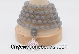 GMN1187 Hand-knotted 8mm, 10mm grey agate 108 beads mala necklaces with charm