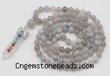 GMN1418 Hand-knotted 8mm, 10mm grey banded agate 108 beads mala necklace with pendant