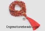 GMN1757 Knotted 8mm, 10mm red banded agate 108 beads mala necklace with tassel & charm