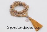 GMN1767 Knotted 8mm, 10mm fossil coral 108 beads mala necklace with tassel & charm