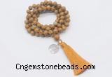 GMN1776 Knotted 8mm, 10mm wooden jasper 108 beads mala necklace with tassel & charm