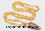 GMN4005 Hand-knotted 8mm, 10mm yellow banded agate 108 beads mala necklace with pendant