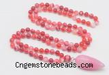 GMN4006 Hand-knotted 8mm, 10mm red banded agate 108 beads mala necklace with pendant