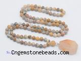 GMN4411 Hand-knotted 8mm, 10mm matte yellow crazy agate 108 beads mala necklace with pendant