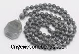 GMN4633 Hand-knotted 8mm, 10mm black labradorite 108 beads mala necklace with pendant