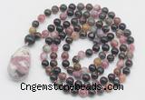 GMN4817 Hand-knotted 8mm, 10mm tourmaline 108 beads mala necklace with pendant