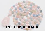 GMN4819 Hand-knotted 8mm, 10mm morganite 108 beads mala necklace with pendant