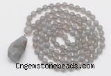 GMN4825 Hand-knotted 8mm, 10mm grey agate 108 beads mala necklace with pendant