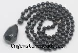 GMN4841 Hand-knotted 8mm, 10mm black banded agate 108 beads mala necklace with pendant