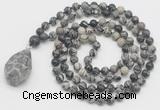 GMN4863 Hand-knotted 8mm, 10mm black water jasper 108 beads mala necklace with pendant