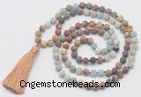 GMN6106 Knotted 8mm, 10mm matte mixed amazonite & jasper 108 beads mala necklace with tassel