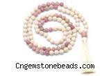 GMN8550 8mm, 10mm white fossil jasper & pink wooden jasper 108 beads mala necklace with tassel